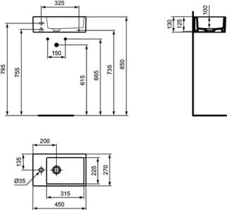 Obrázek IDEAL STANDARD Umyvadlo Strada s ručním oplachováním 450x270 mm, s 1 otvorem pro baterii, bez přepadu #K081701 - Bílá (Alpine)